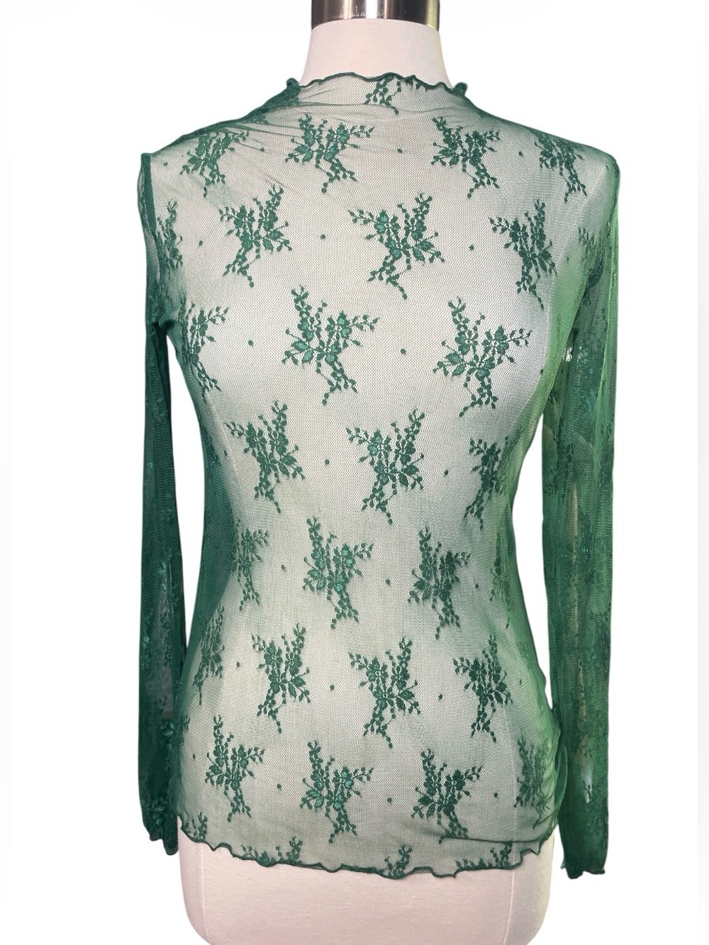 Sheer Mesh Green Lace Long-Sleeve Top Lettuce Trim